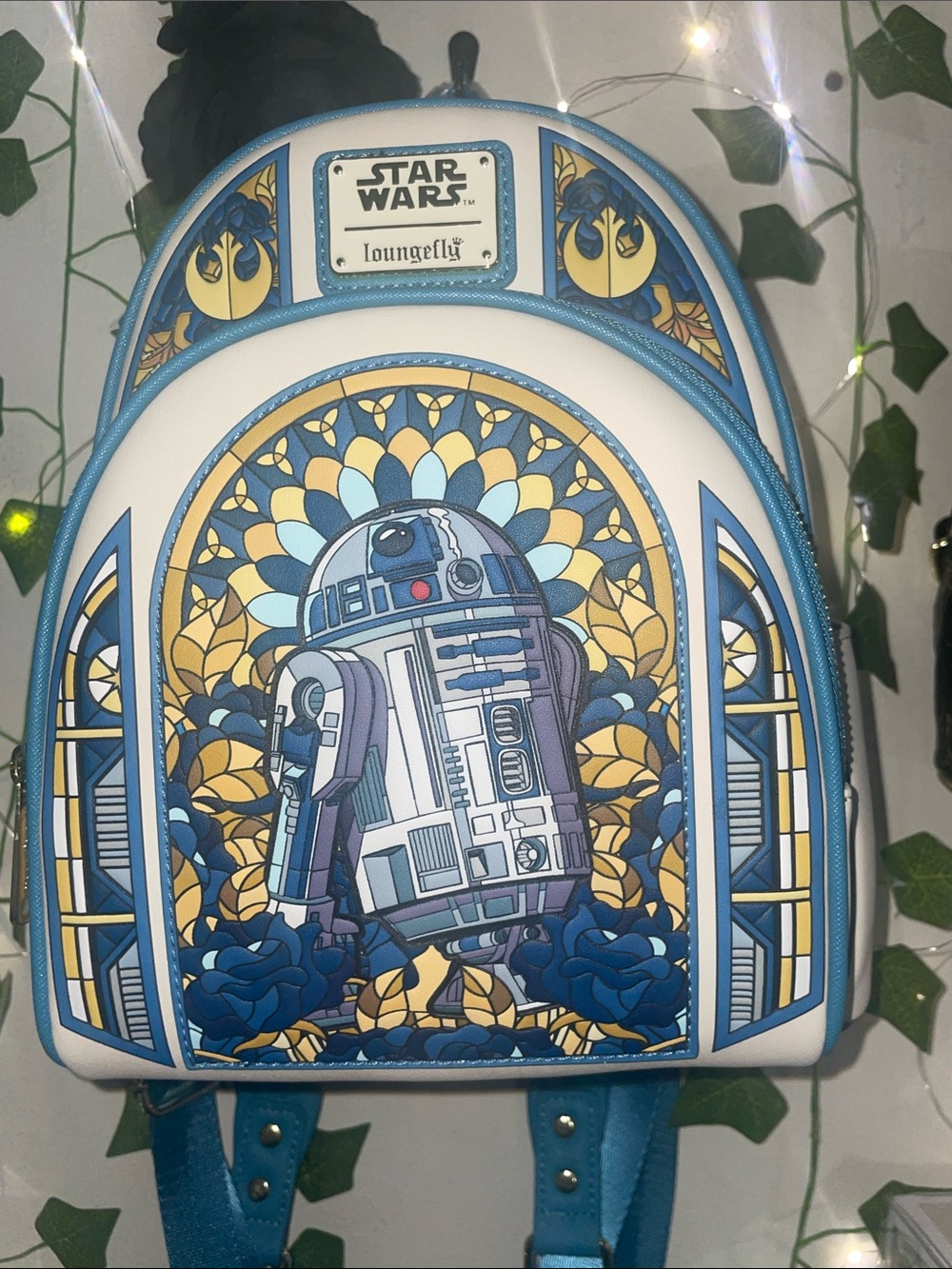 Loungefly Blue and Gold R2-D2 Stained Glass Mini Backpack